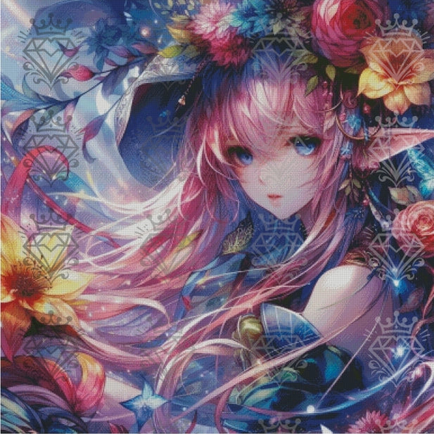 Eine verpixelte Vorschau für das Bild, wie es aussehen würde, wenn es mit den Steinen gelegt wurde. Ein Wasserzeichen von Kühles Blondes Design liegt über dem Bild.