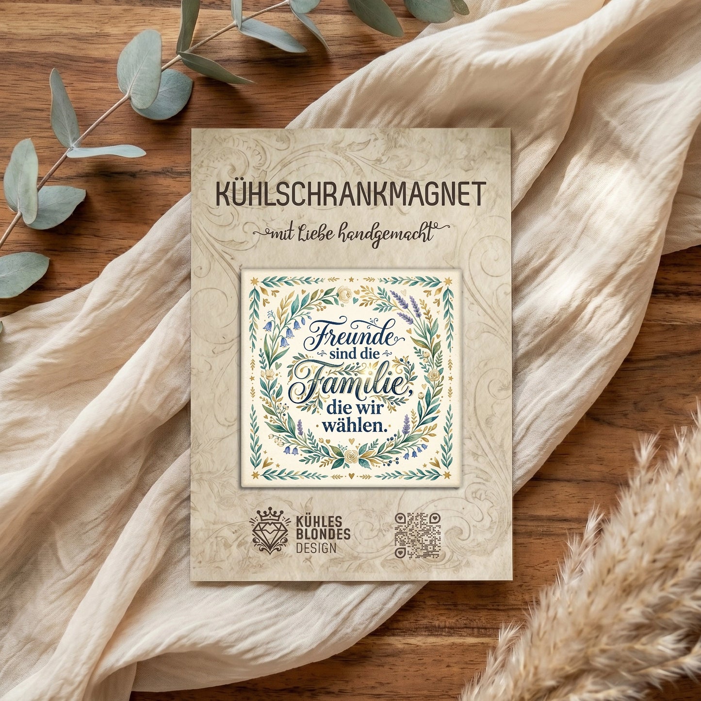 "Freunde sind die Familie" Kühlschrankmagnet - Floral Lavendel