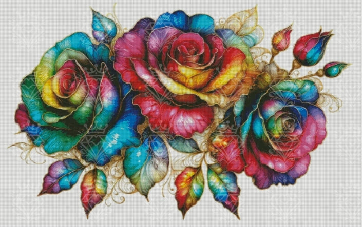 Eine verpixelte Vorschau für das Bild, wie es aussehen würde, wenn es mit den Steinen gelegt wurde. Ein Wasserzeichen von Kühles Blondes Design liegt über dem Bild.