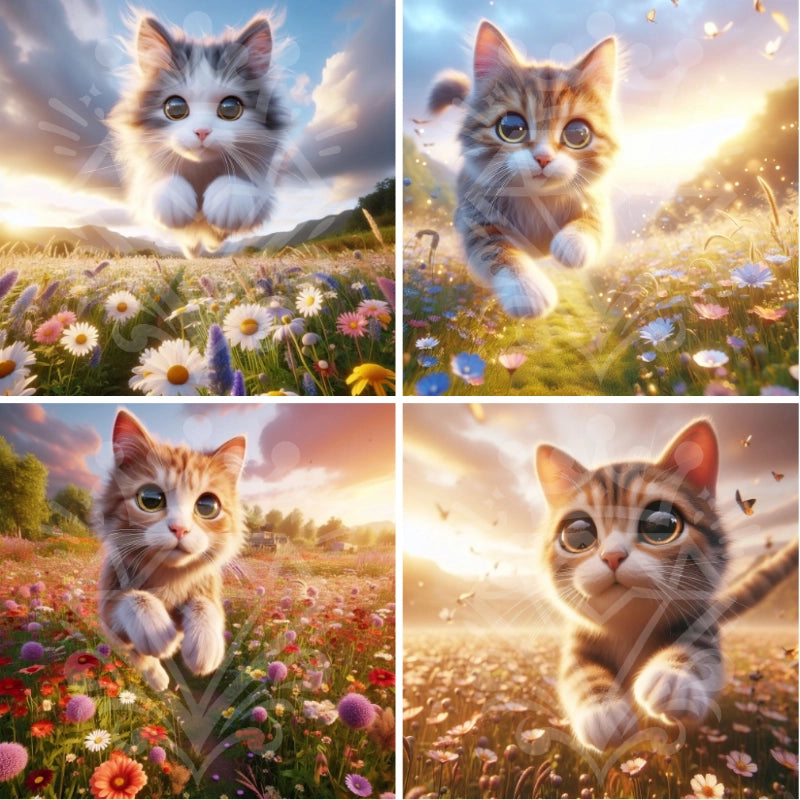 Springende Katze im Blumenfeld