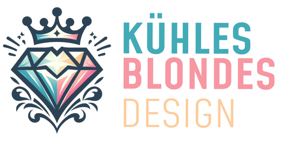 Logo von Kühles Blondes Design - ein Diamant mit einer Krone und einigen Schwüngen an den Seiten. Dunkelblaue dicke Umrandung - pastelliges Blau bis Petrol, rosa und gelb-orange sind in diesem Diamanten vertreten. Der Name der Firma ist geschrieben in diesen Farben zu sehen.